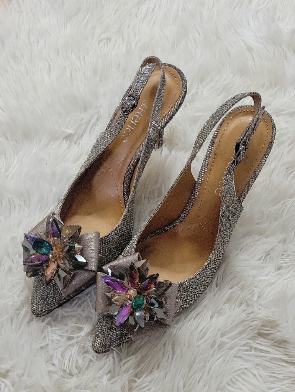 J.Renee Silver Slingback Heels with Multicolor Gem Flower - Picture 4 of 9